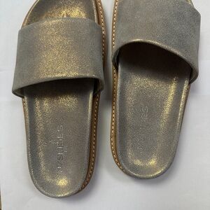 J Slides Gold Slide Sandals - never worn. Cute metallic color.